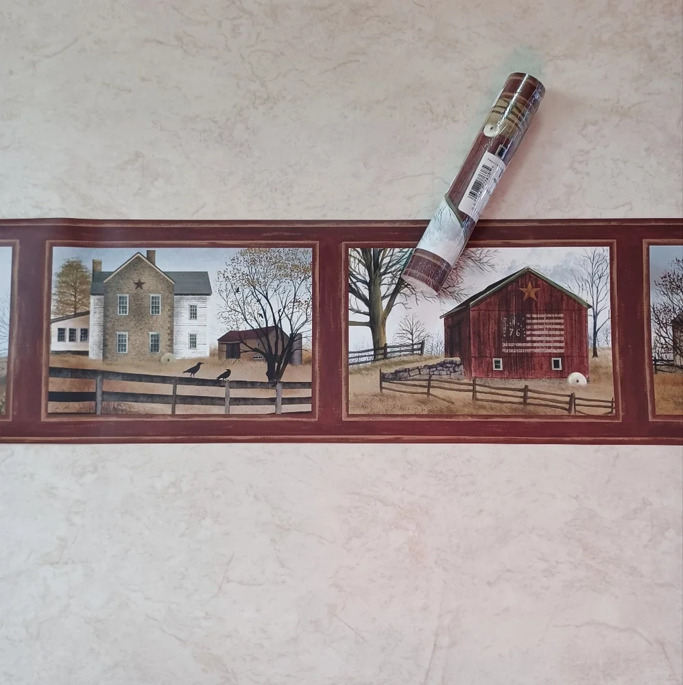 Wallpaper Border Country Farmhouse & Barn Scenes - Red